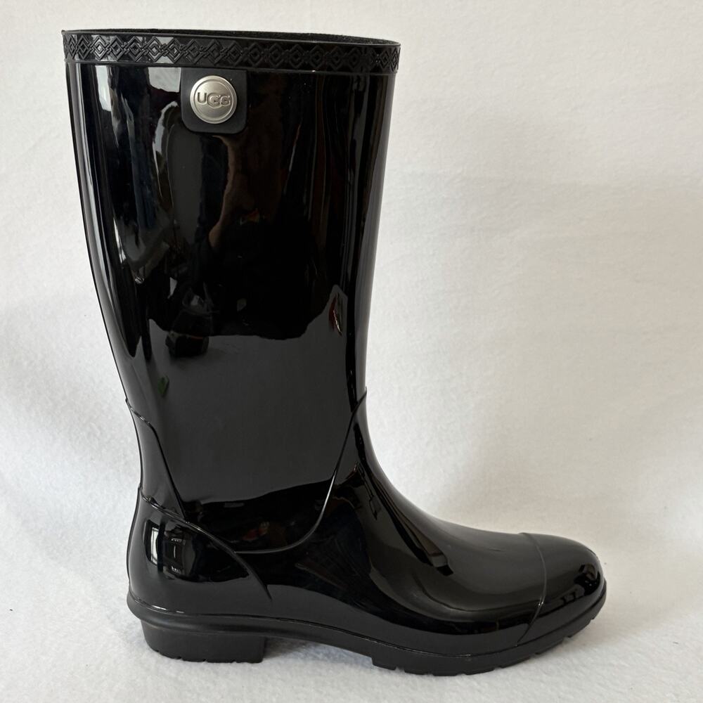 UGG Shaye Rain Boot Womens Size 11 Solid Shiny Black Mid Calf Slip On Waterproof - Picture 2 of 8
